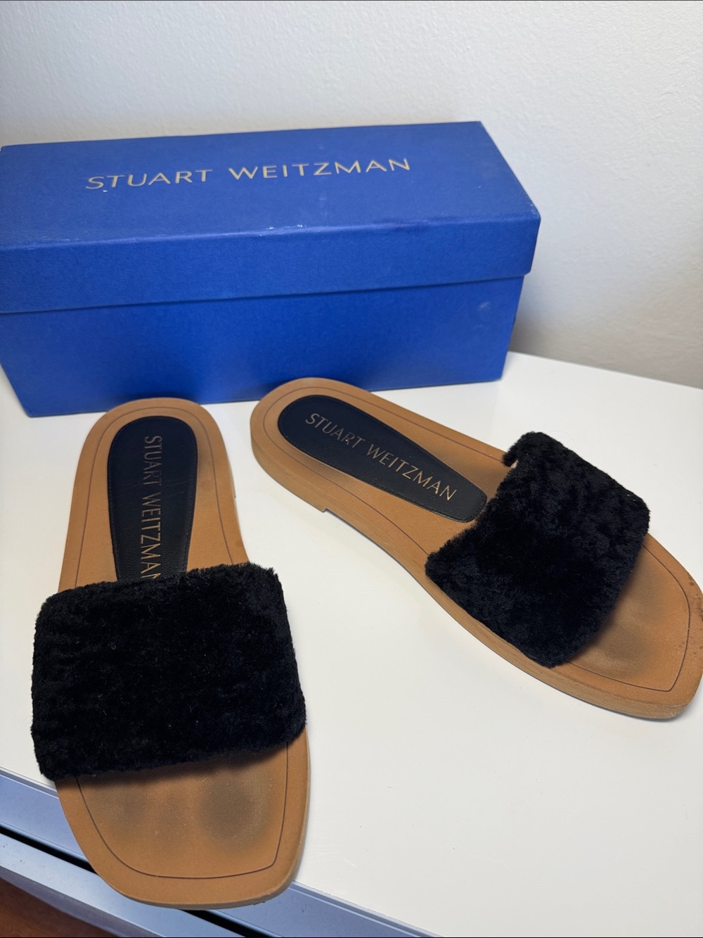 Stuart Weitzman Black Shearling Slide Sandals